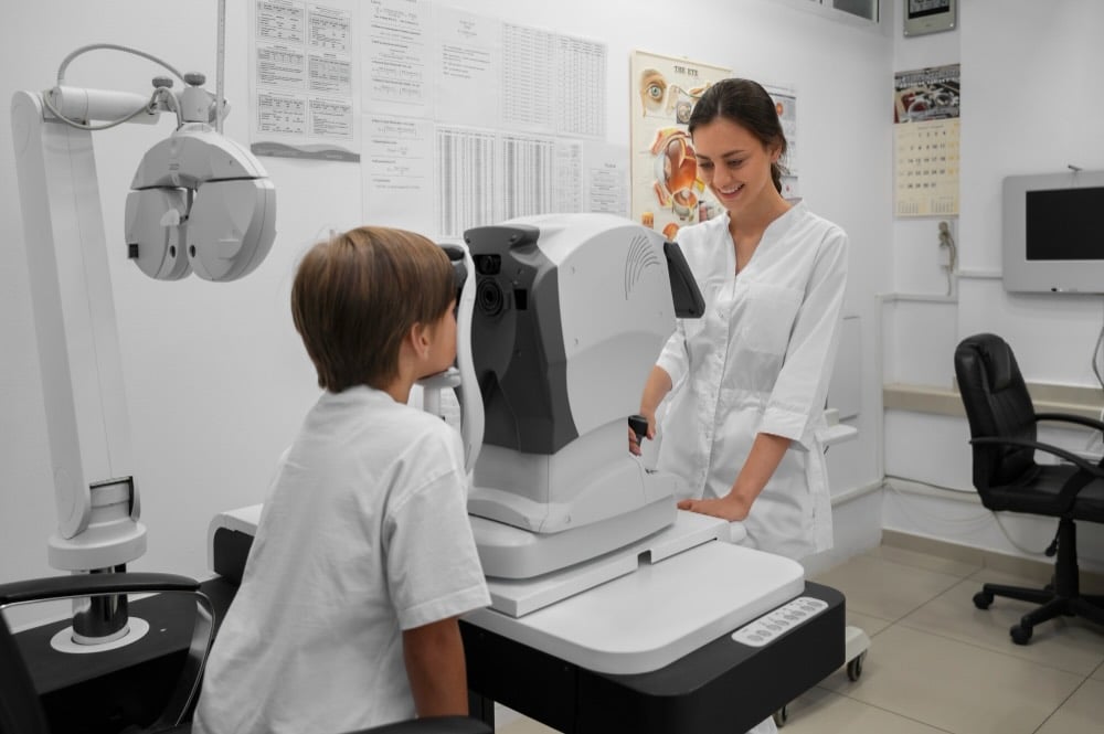 An optometrist performing myopia AL scan on a boy's eyes