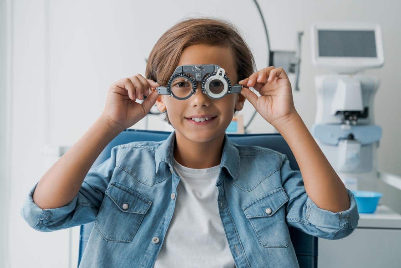 Boy having eye check for myopia control soft lenses