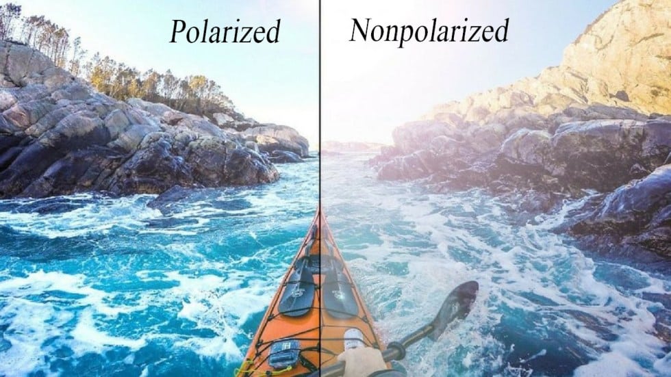 A comparison between polarised and non-polarised view with a woman kayaking.