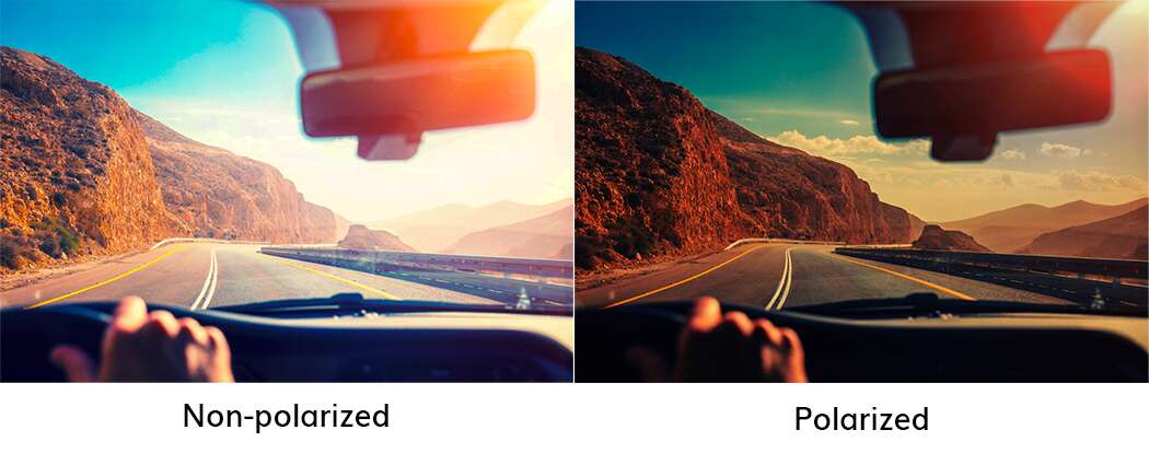 A comparison between wearing polarised lenses and non-polarised lenses while driving in the car.