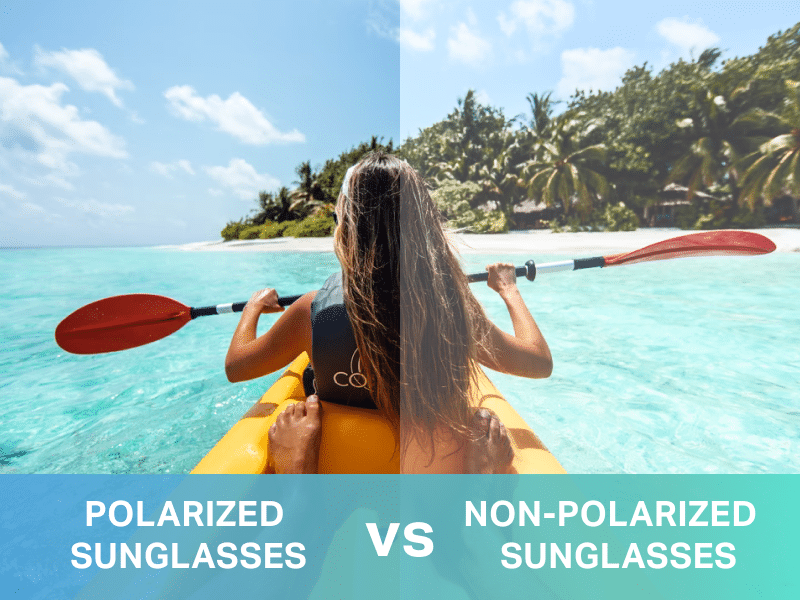 A comparison between polarised and non-polarised view with a woman kayaking.